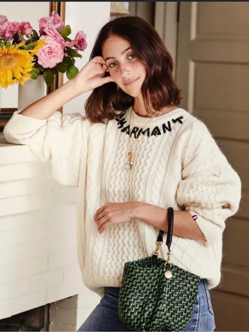 Clare V x DemyLee Oversized Fisherman Cable Sweater NEW